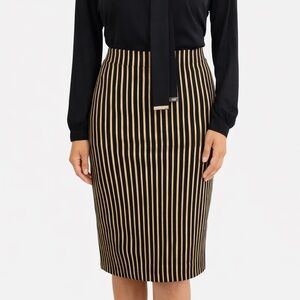 Philosophy Black Tan Vertical Stripe Stretch Pencil Skirt Career Work M NWT